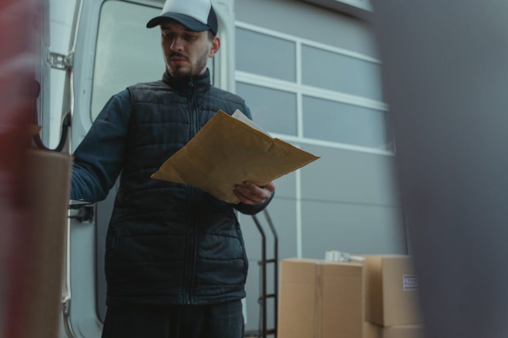 Courier organizing packages next to a delivery van beside a building.